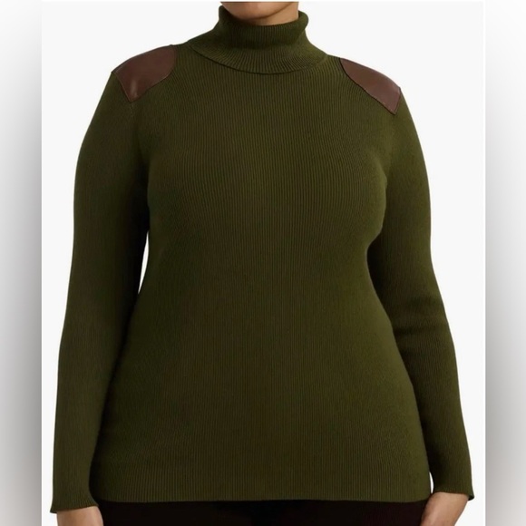 Lauren Ralph Lauren Women's Faux Leather Trim Ribbed Turtleneck-NWT-size 3X - Picture 3 of 10
